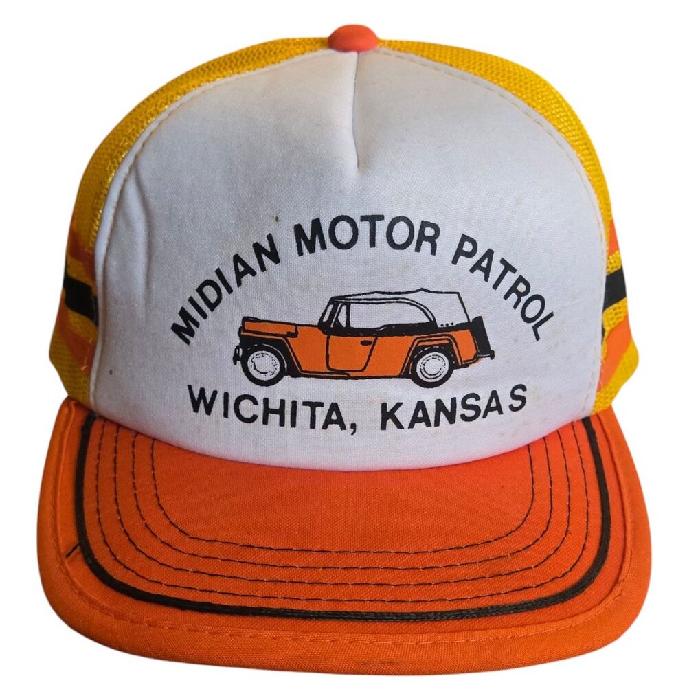Vintage 3 Stripe Trucker Hat Orange Yellow Mesh Snapback Midian Motor Patrol Wic